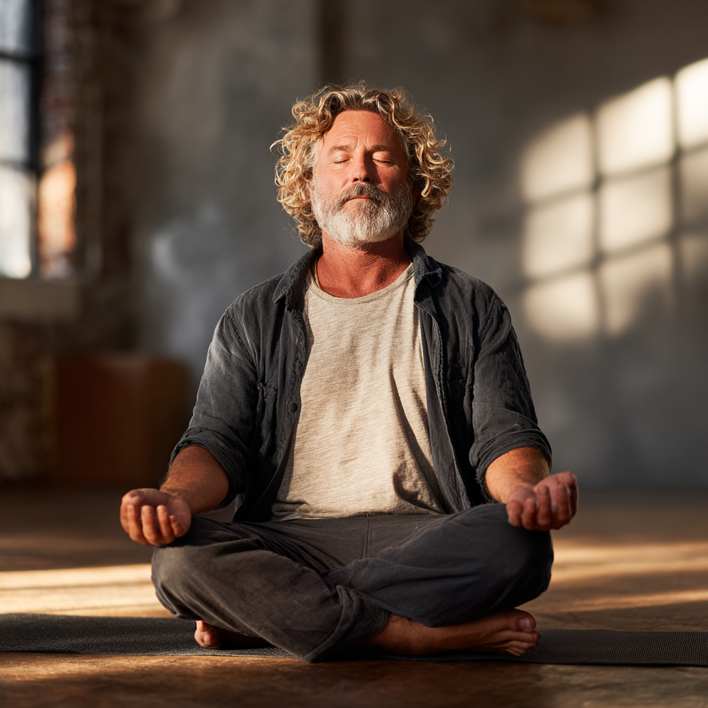 Mature man in his fifties practicing yoga meditation pose in lotus position with peaceful expression, natural lighting in serene studio environment