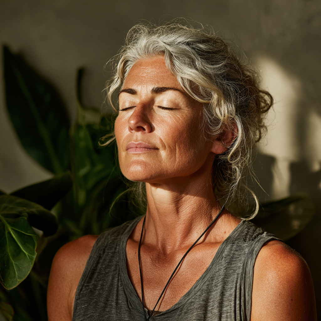 Peaceful middle-aged woman sitting in meditation pose with closed eyes, serene expression, surrounded by soft natural light and plants in a tranquil yoga studio